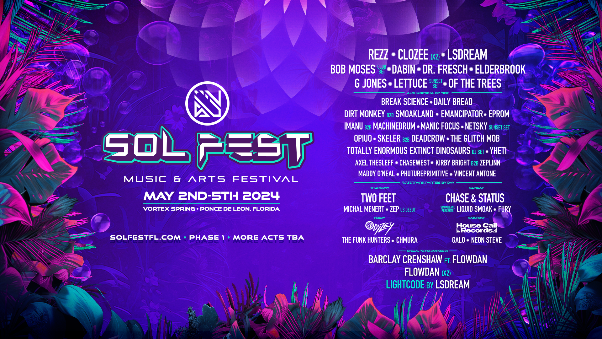 Sol Fest Music & Arts Festival horizontal poster artwork with phase 1 lineup.