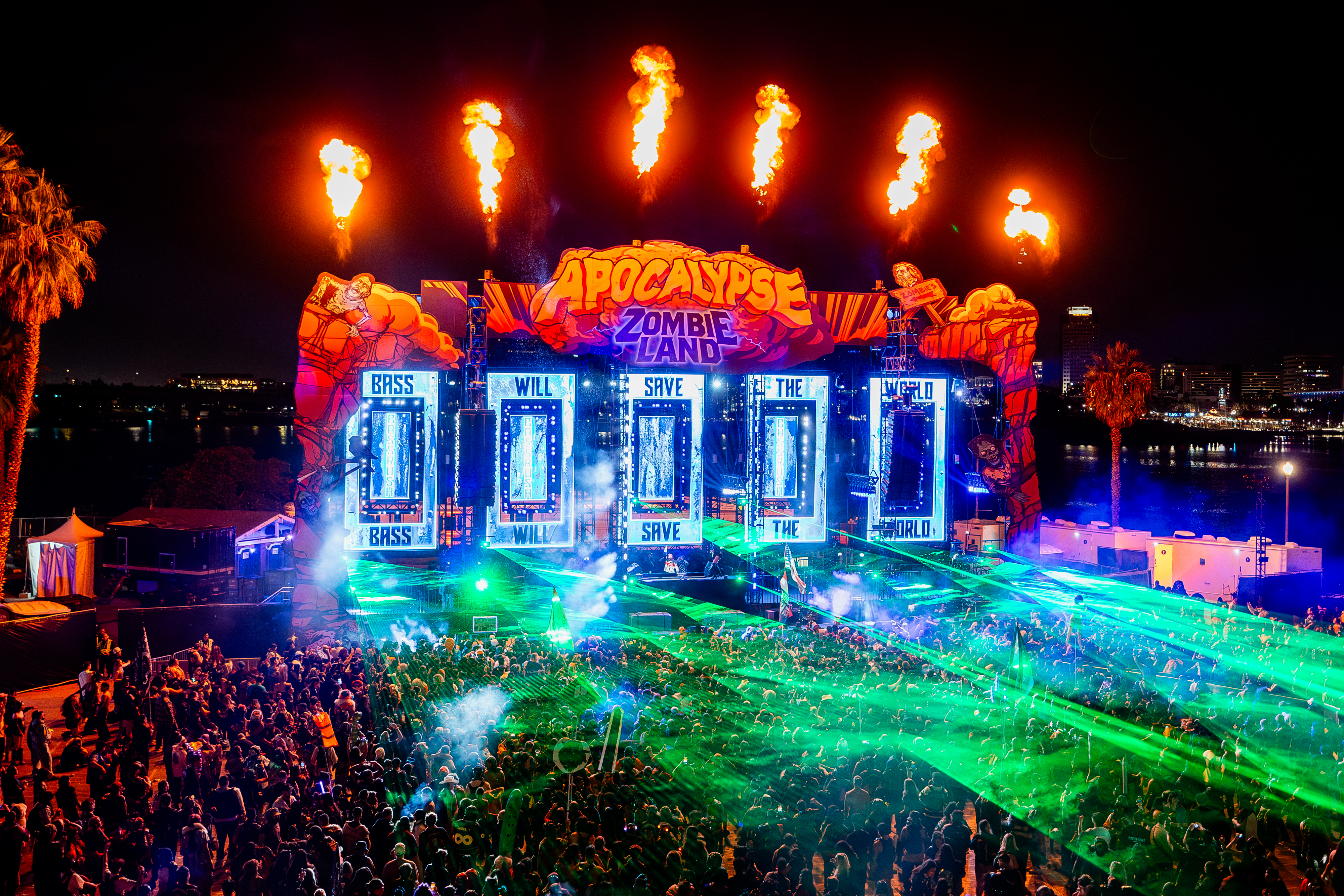 Zombieland stage with fire and bass music will save the world on the screens