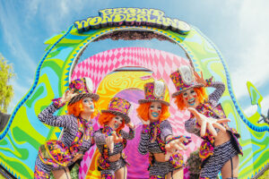 Four colorful Insomniac clowns welcome festivalgoers to Beyond Wonderland 2024