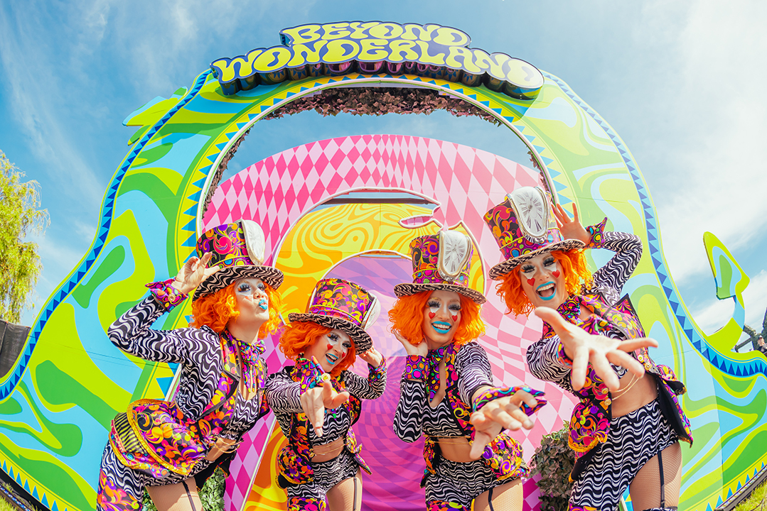 Four colorful Insomniac clowns welcome festivalgoers to Beyond Wonderland 2024
