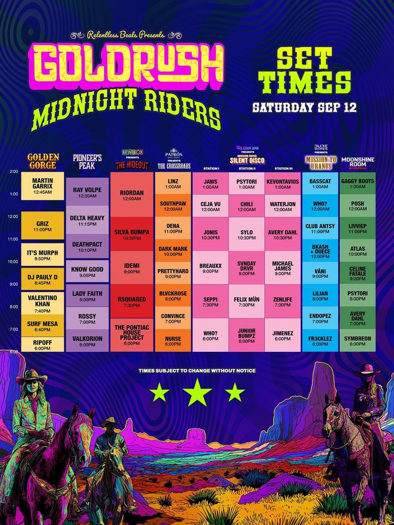 Saturday Goldrush Midnight Riders Set Times